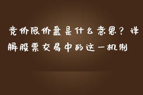 竞价限价盘是什么意思？详解股票交易中的这一机制_https://wap.sdxiaoxijinshu.com_期货_第1张